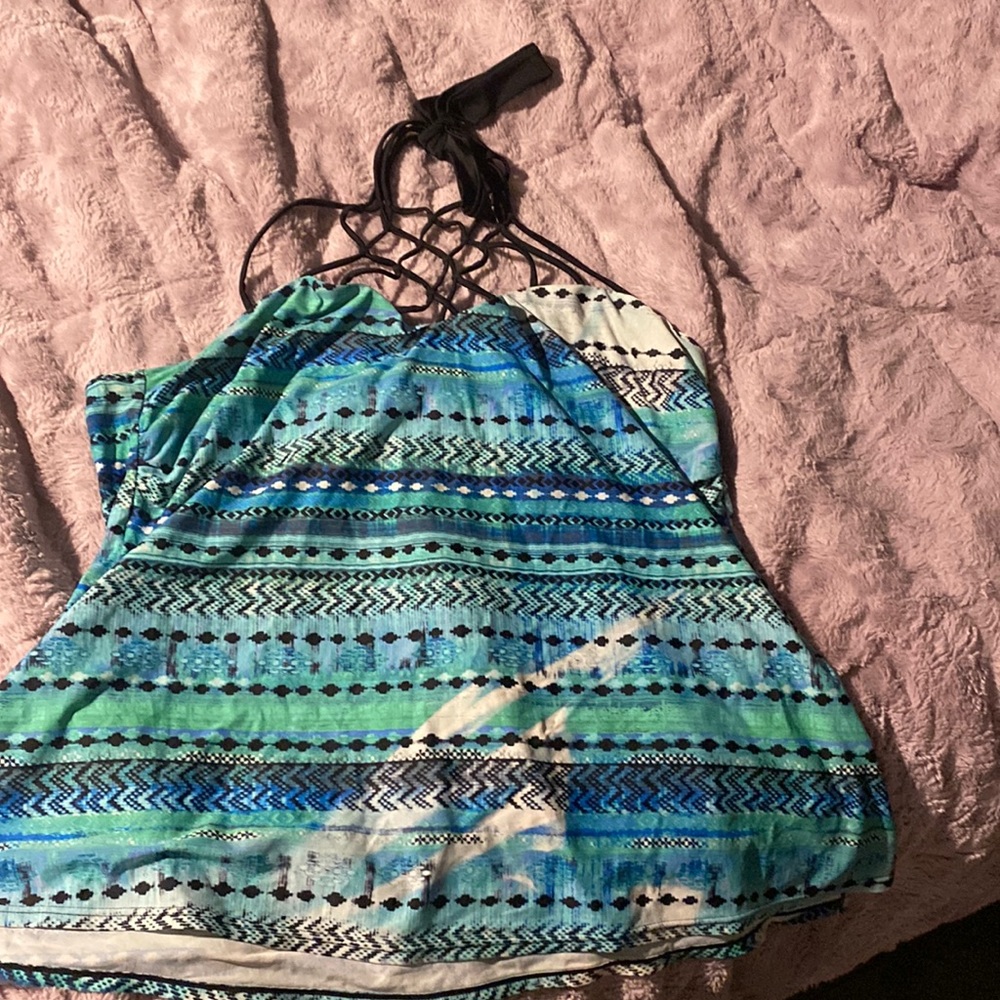 Turquoise tanking top with crochet front abs halter tie abs a skirtini bottom